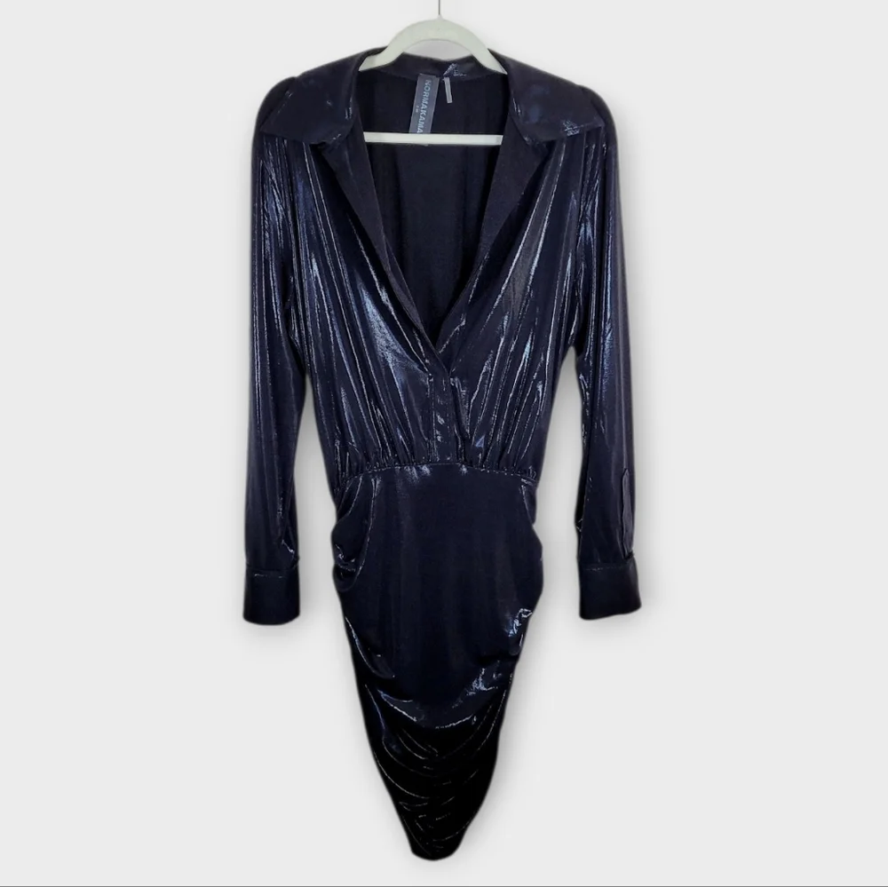 NORMA KAMALI Ruched Black Lame Boyfriend Shirt Dress Small Mini Dress Plunge - Picture 5 of 15